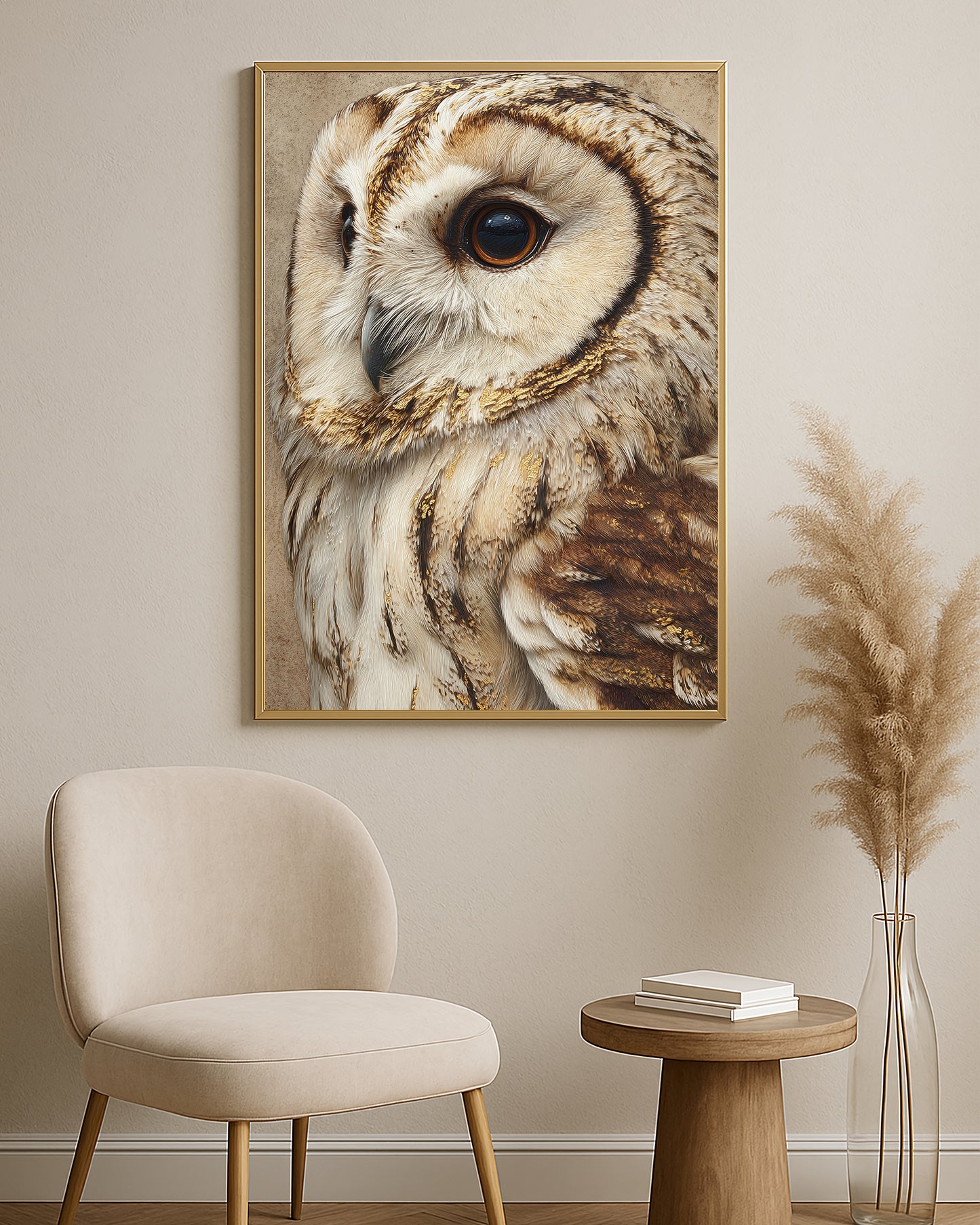 Detailed owl artwork featuring warm neutral feather textures and subtle gold highlights on a beige background.