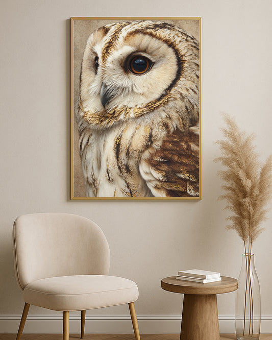 Detailed owl artwork featuring warm neutral feather textures and subtle gold highlights on a beige background.