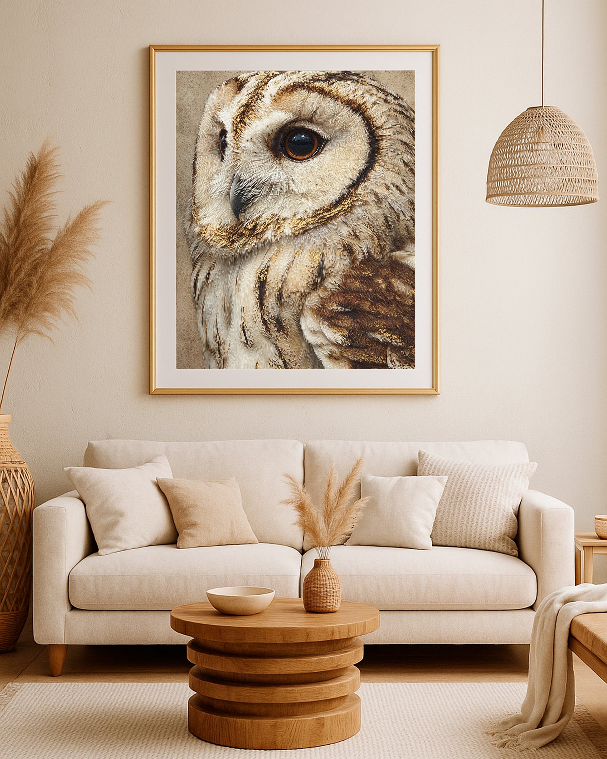 Fine art owl portrait showing a close bird profile with cream, brown, black, and gold details.