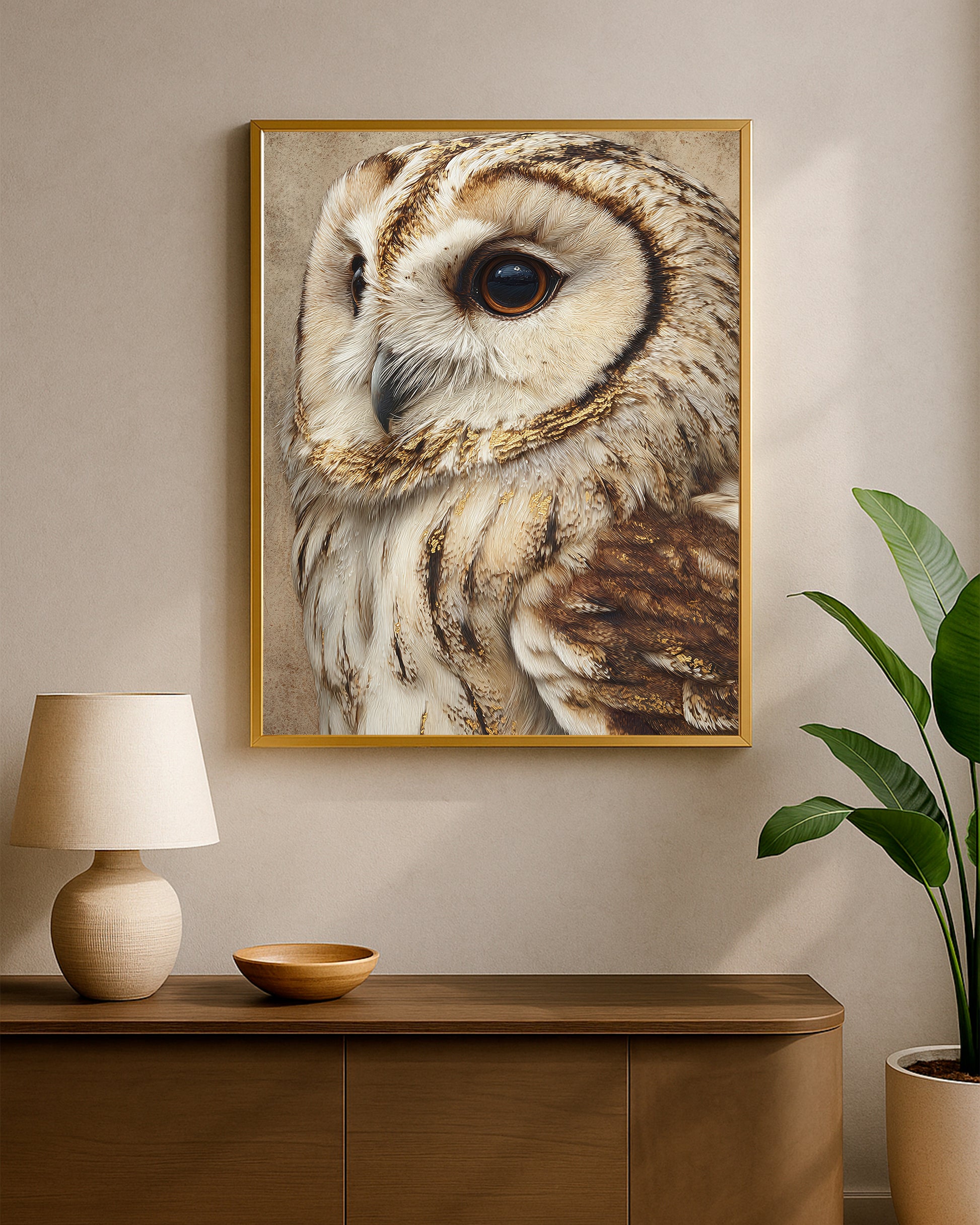 Warm neutral bird wall art with owl face close-up, textured feathers, and refined gold accents.