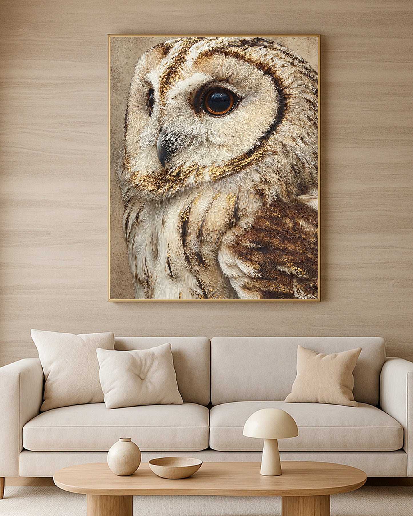 Elegant owl print with expressive eye detail, layered brown plumage, cream feathers, and soft gold texture.