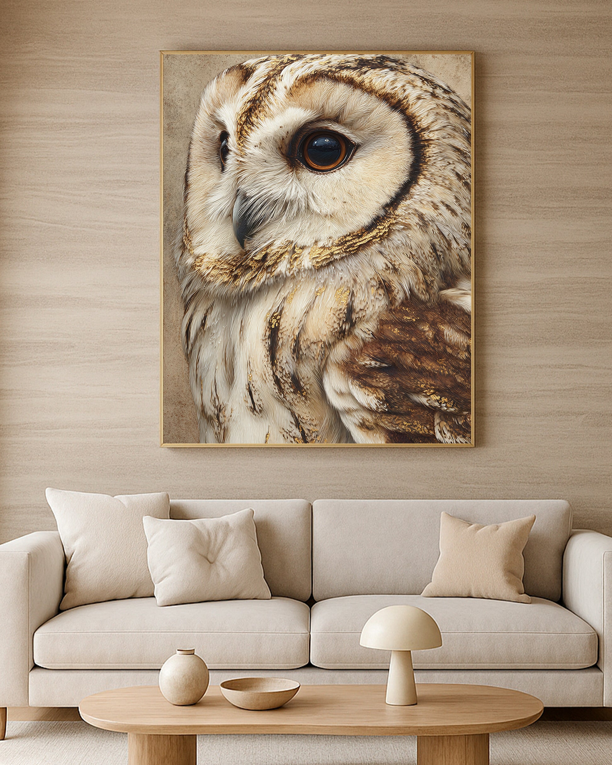 Elegant owl print with expressive eye detail, layered brown plumage, cream feathers, and soft gold texture.