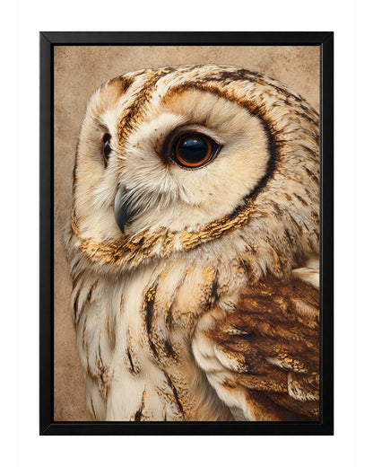 Owl close-up portrait wall art with a focused eye, cream feathers, brown markings, and gold accents.