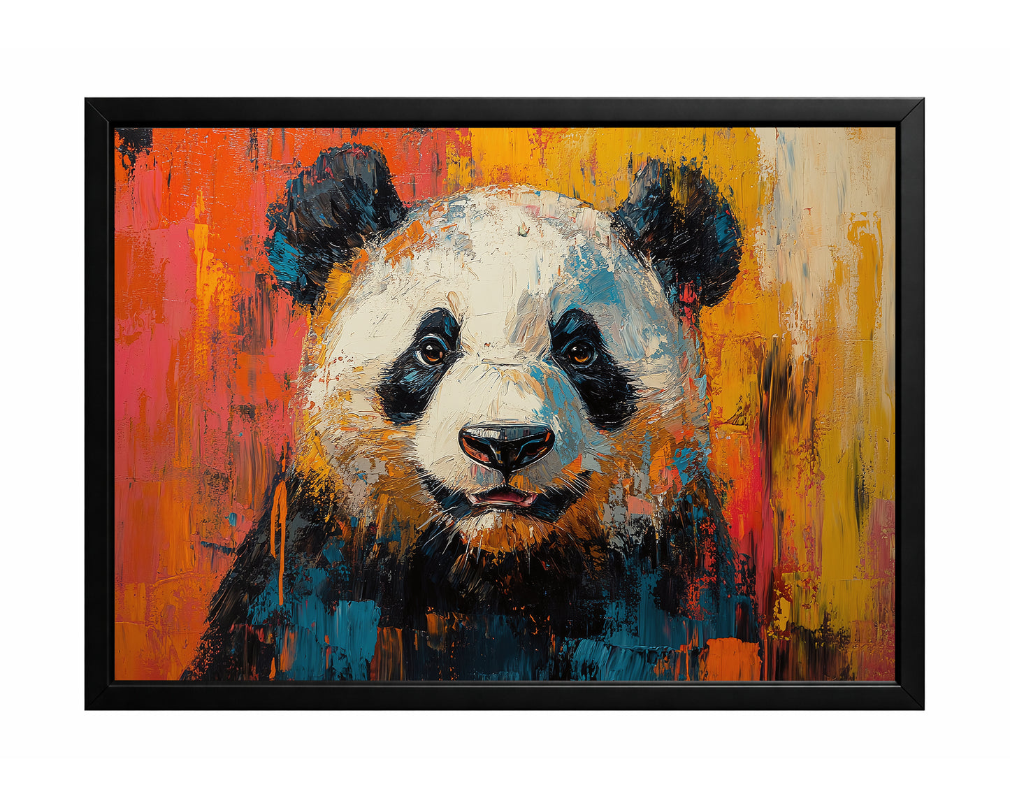 Colorful panda portrait wall art with bold black and white features against a vivid orange, yellow, and teal textured background.