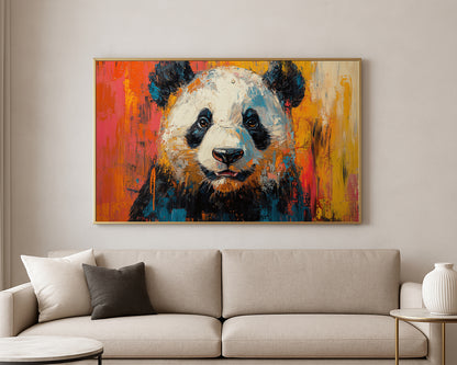 Front-facing panda painting with expressive brushstrokes and a vibrant abstract backdrop in orange, gold, pink, and blue tones.