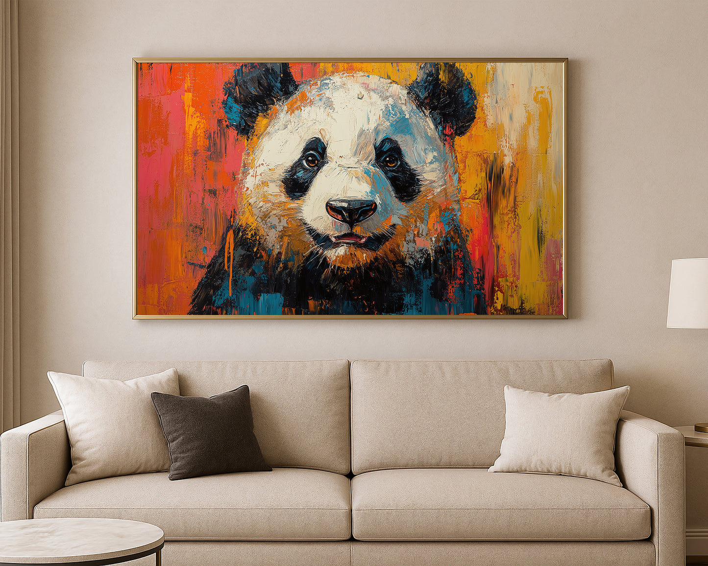 Animal wall art featuring a panda portrait with rich black and white texture set on a bright multicolor painterly background.