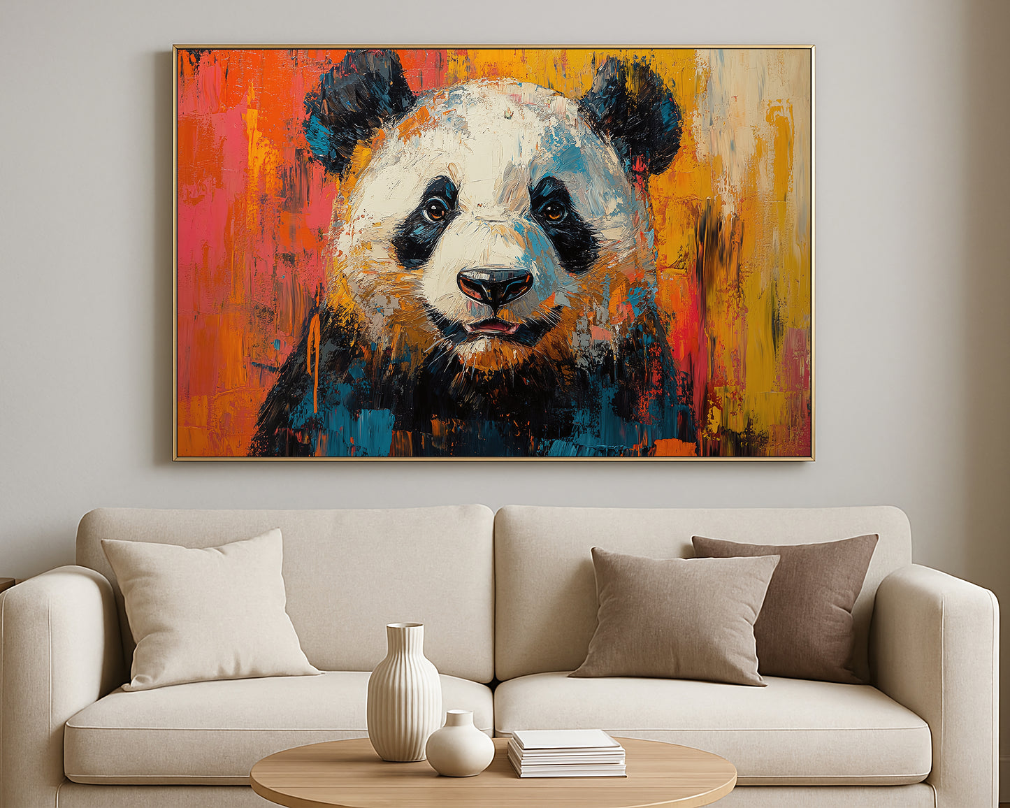 Modern panda artwork with detailed facial features and a bold abstract background in warm orange and cool teal shades.