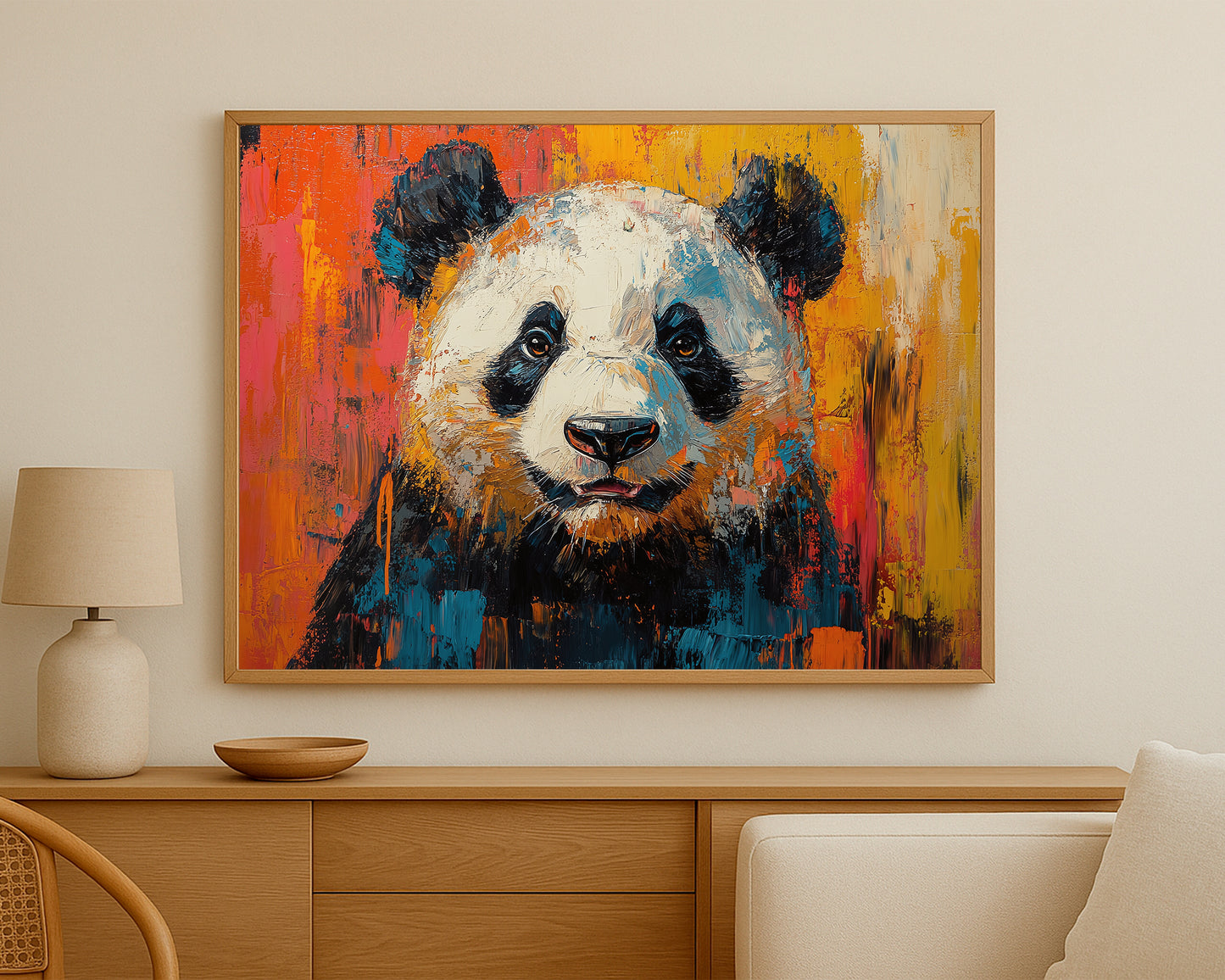Textured panda portrait print with striking black and white fur, centered on a colorful abstract background with orange, yellow, and blue tones.