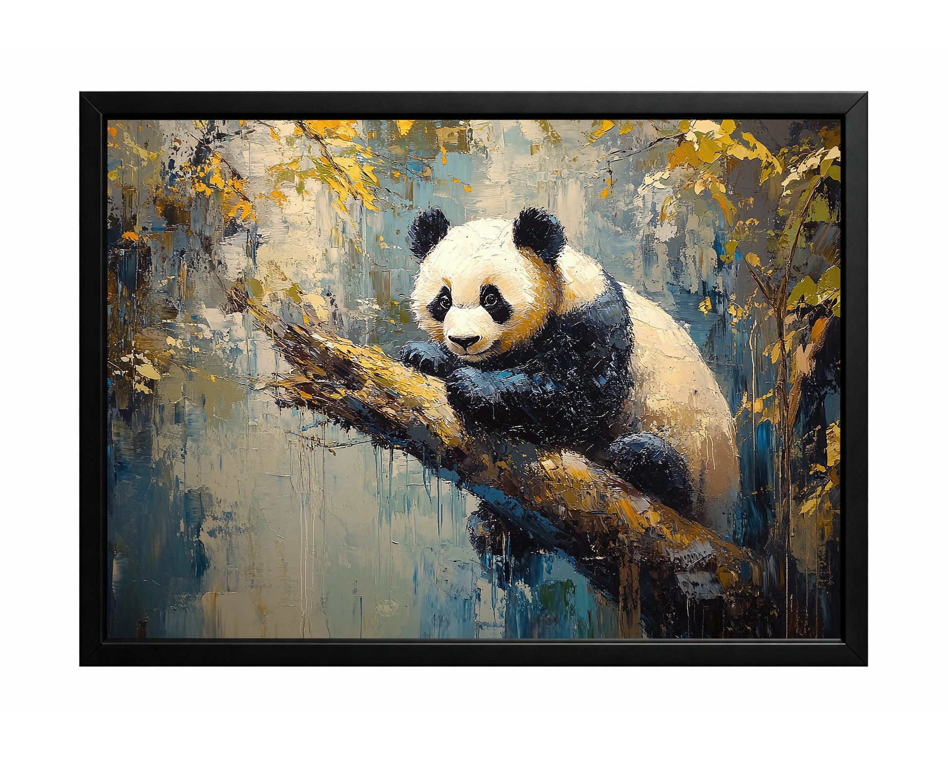 Textured panda wall art with blue and gold abstract forest background