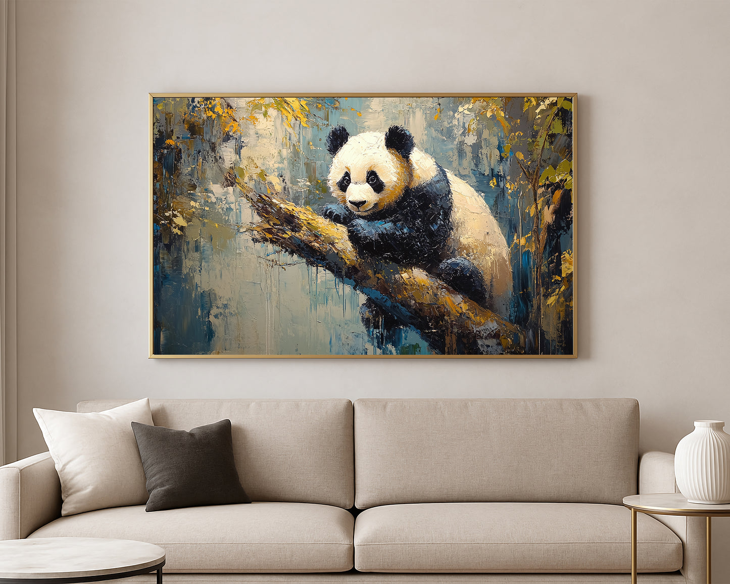 Black and white panda resting on a tree branch in an abstract painted scene