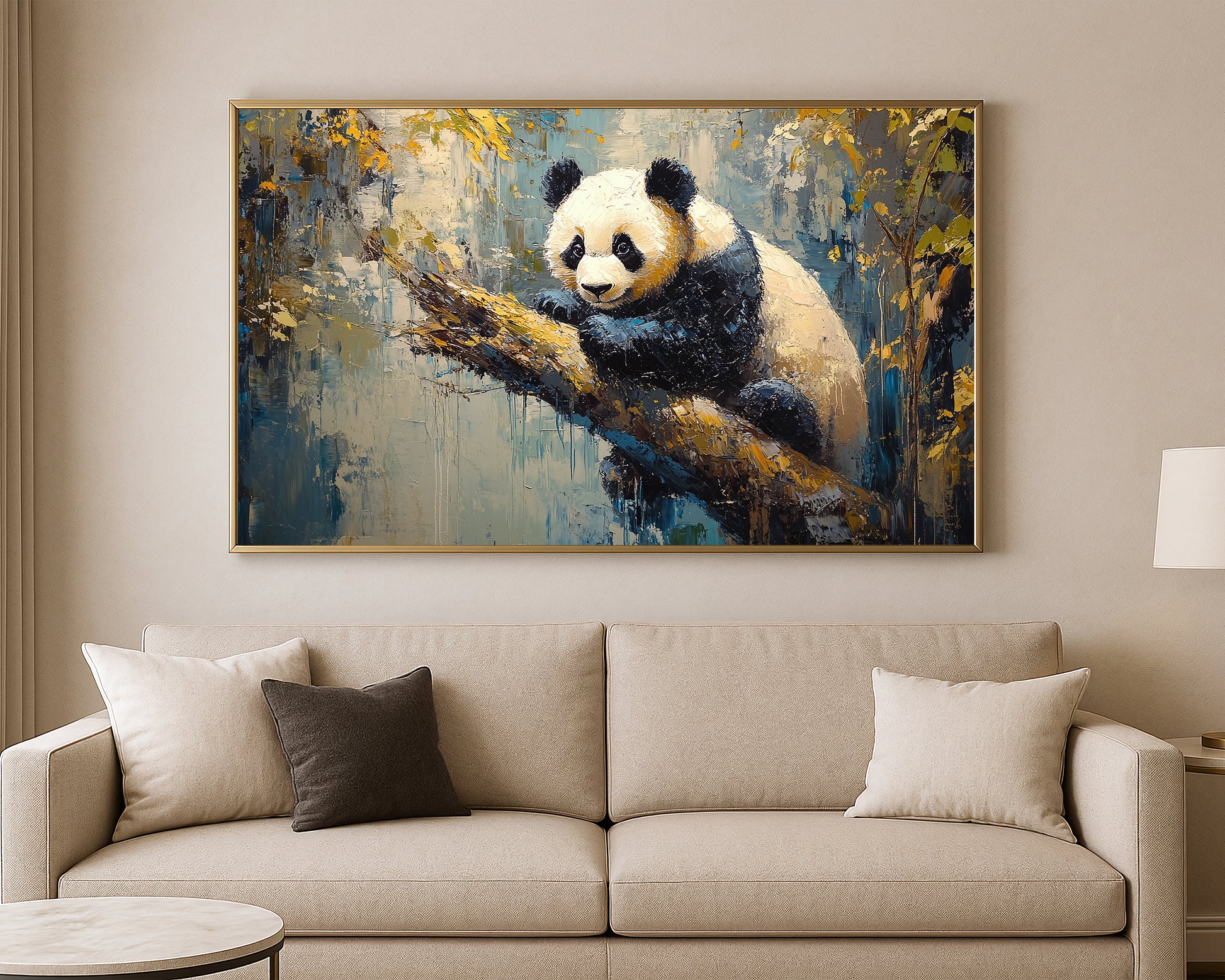 Contemporary panda print with layered blue, cream, gold, and black tones