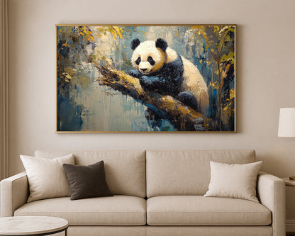 Contemporary panda print with layered blue, cream, gold, and black tones