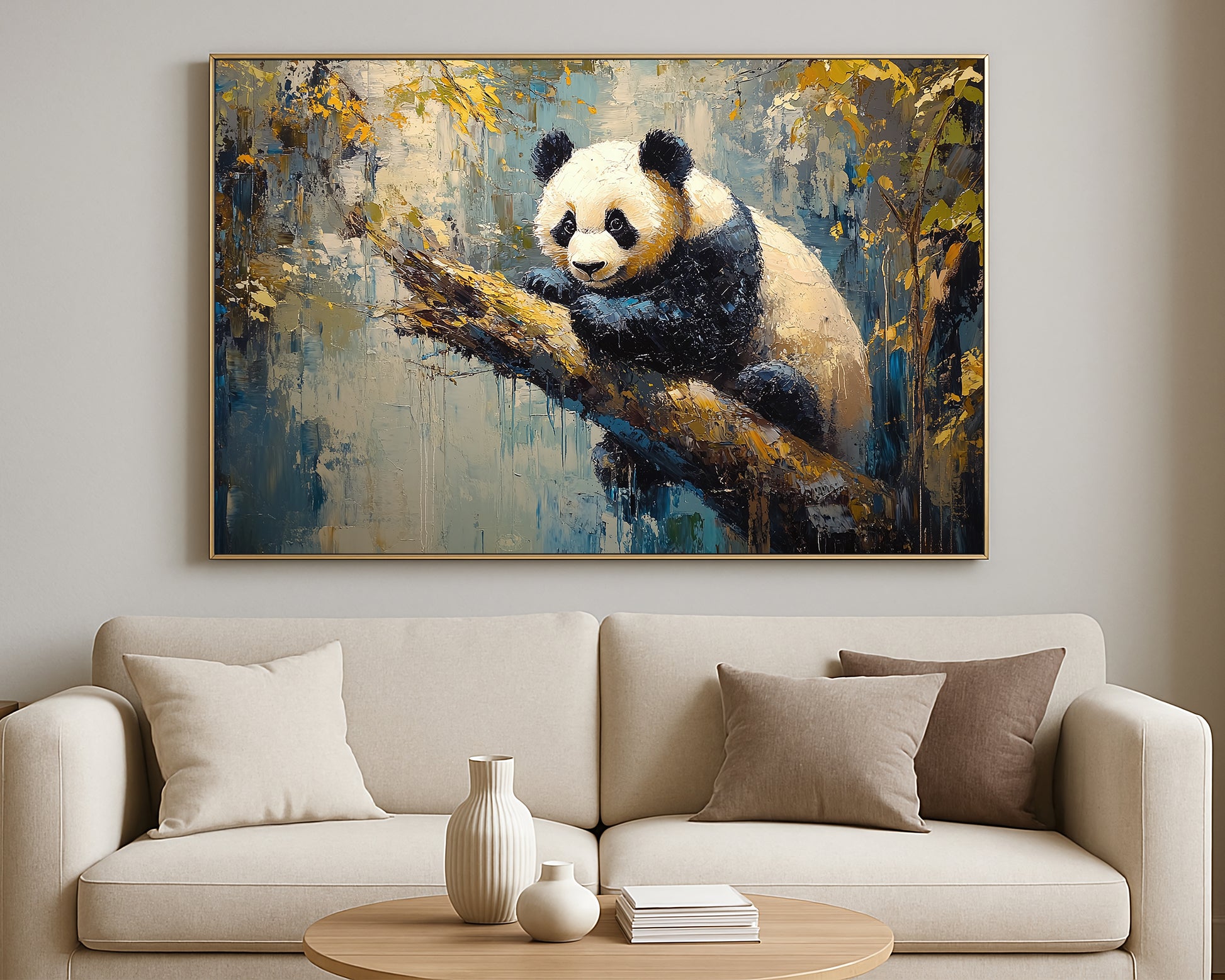 Nature-inspired panda artwork perched on a branch with rich textured brushstrokes