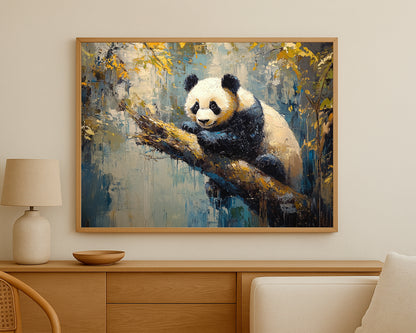 Abstract panda wall art for nursery or living room in blue and gold tones