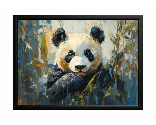 Panda portrait wall art surrounded by bamboo leaves in a textured painted style