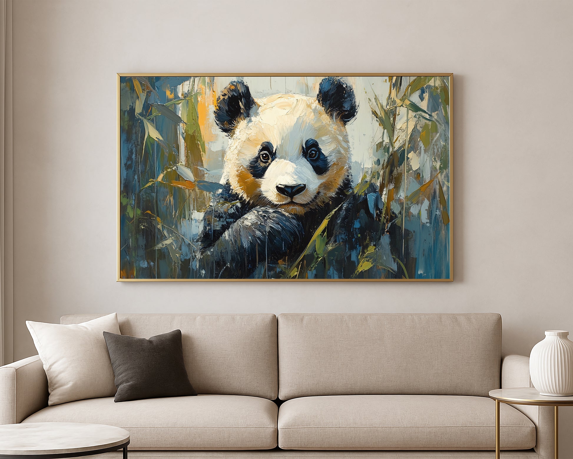 Front-facing panda artwork with soft bamboo foliage in blue, green, cream, and black tones