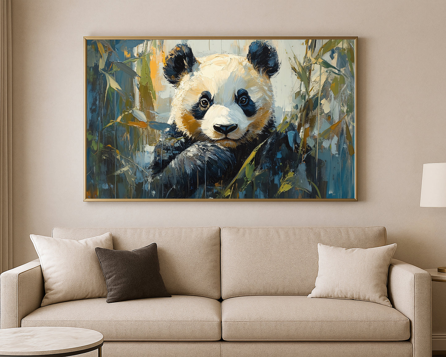 Modern panda wall art print featuring a close-up panda face in a bamboo setting