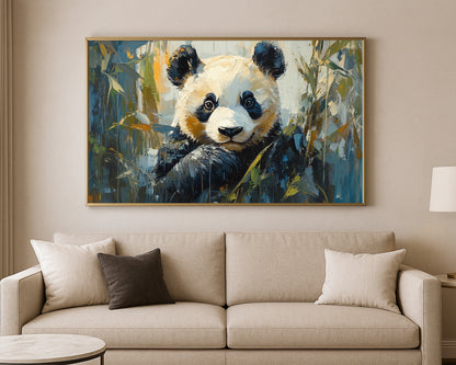 Modern panda wall art print featuring a close-up panda face in a bamboo setting