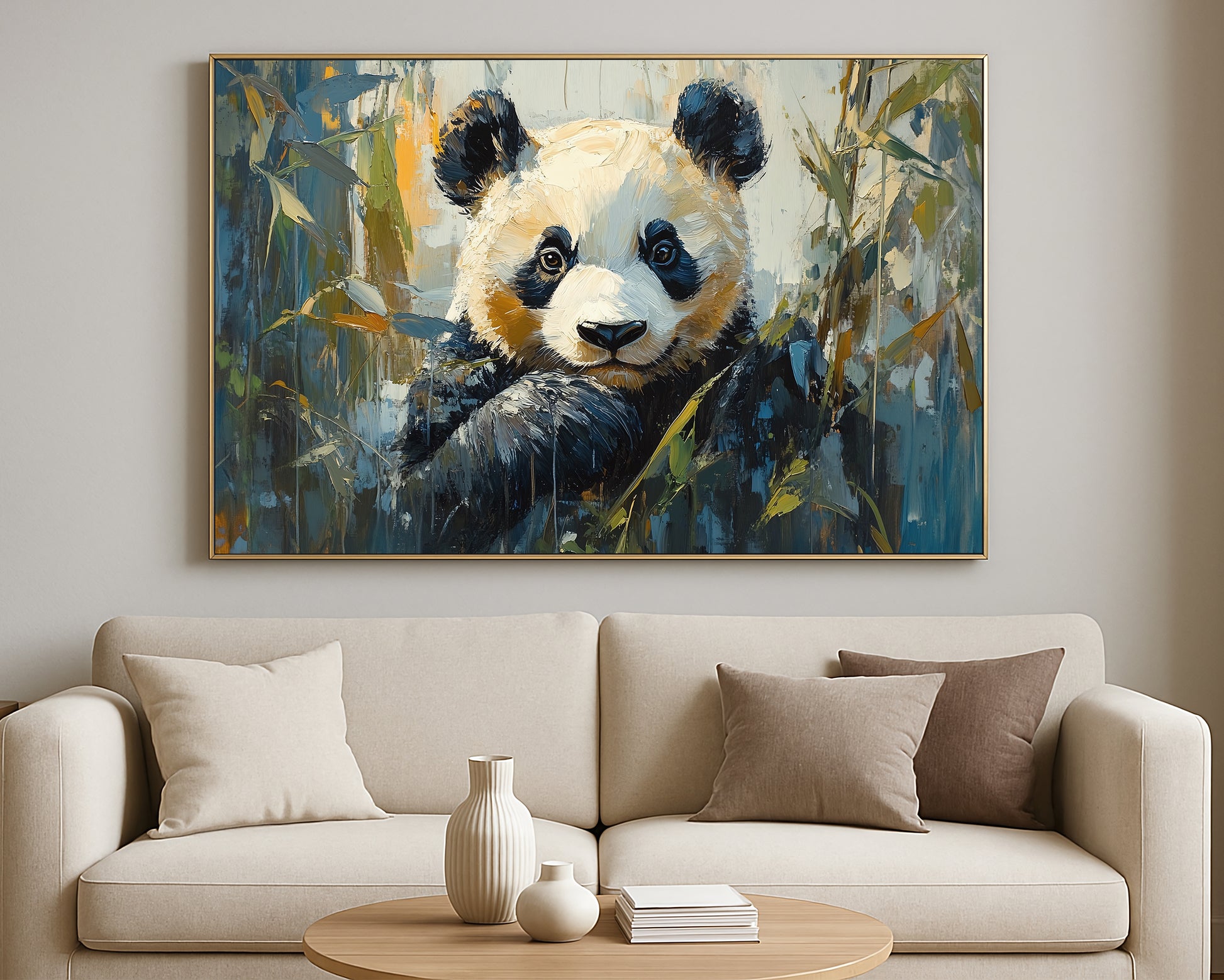 Textured animal artwork of a panda resting among bamboo leaves with earthy tones