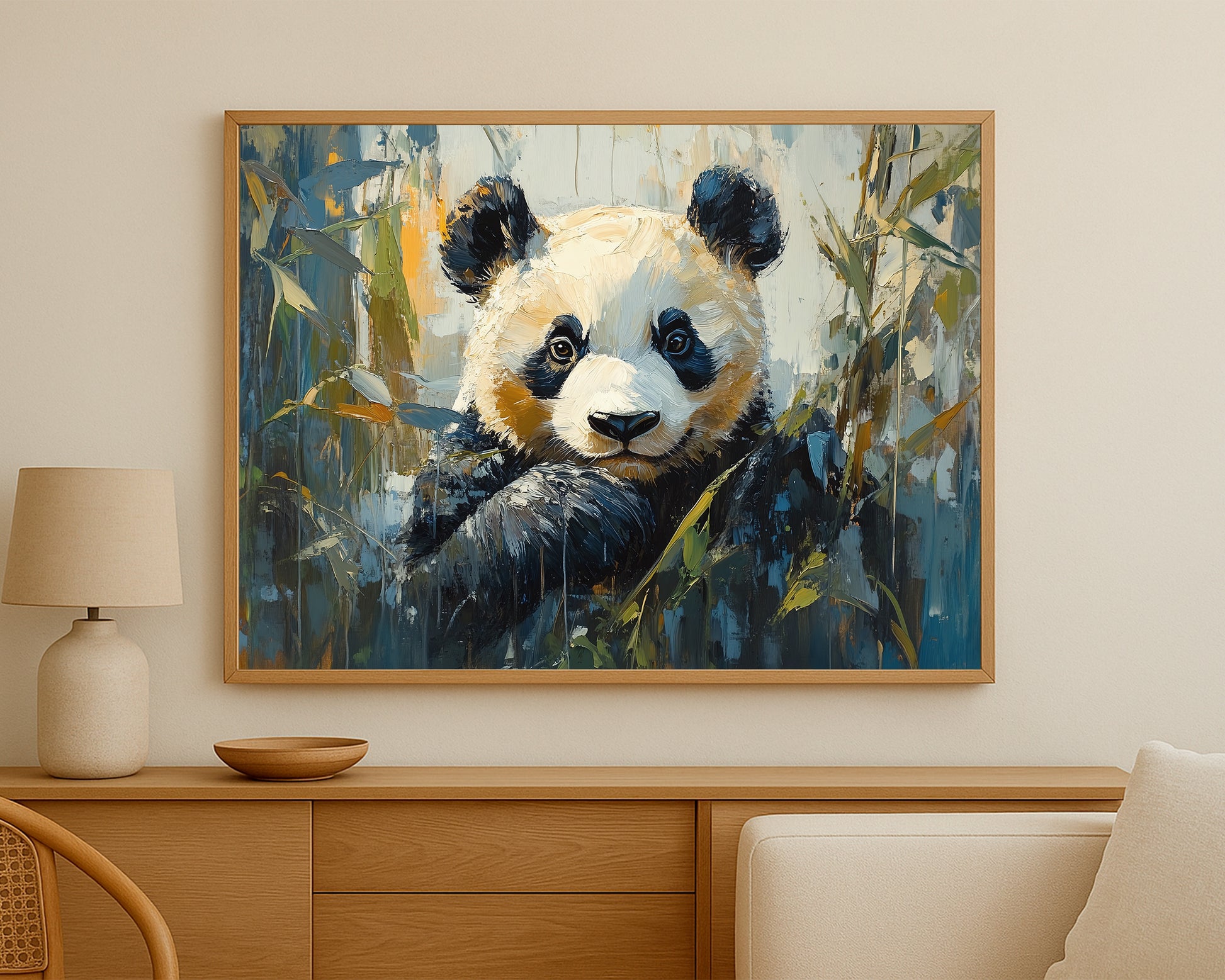Wildlife panda print with expressive brushwork and a calm bamboo forest background