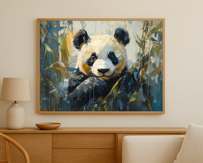 Wildlife panda print with expressive brushwork and a calm bamboo forest background