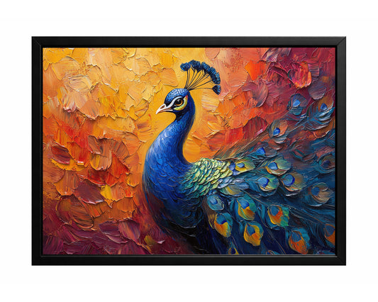 Blue peacock wall art with textured feathers against a vivid orange and red painted background