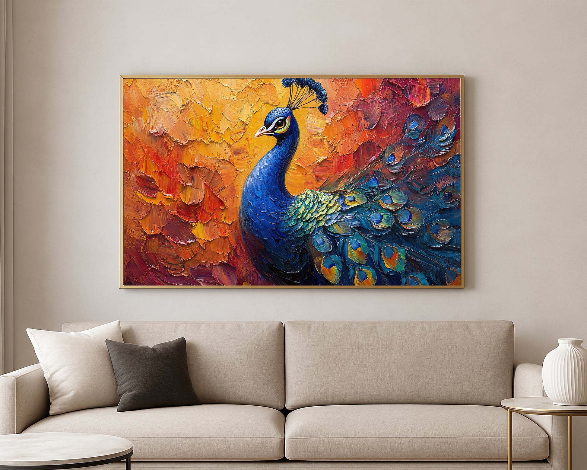 Colorful peacock artwork featuring rich blue plumage and layered abstract brushstrokes