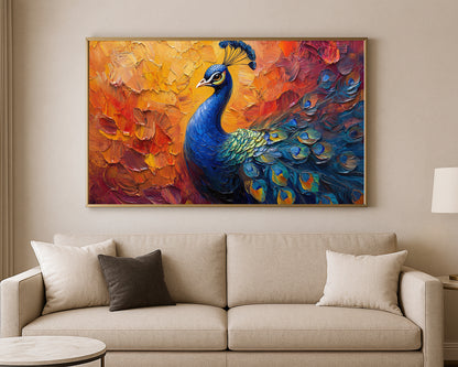 Textured bird wall art with a blue peacock in teal, gold, orange, and crimson tones