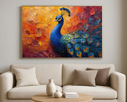 Modern peacock print with dramatic feather detail and bold warm-toned abstract background