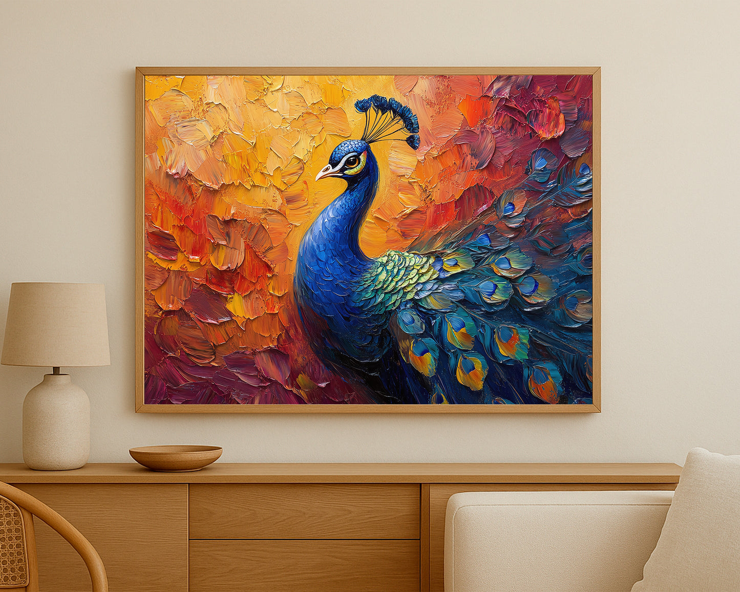 Elegant peacock wall decor with expressive texture and vibrant jewel-toned feathers