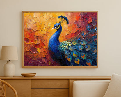 Elegant peacock wall decor with expressive texture and vibrant jewel-toned feathers
