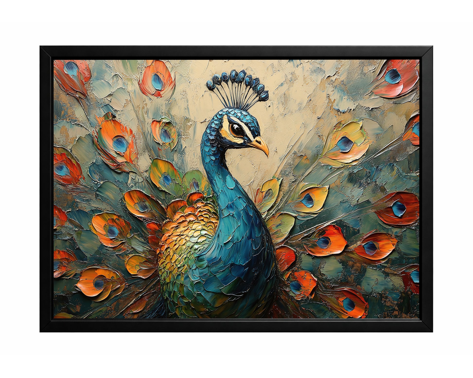 Textured peacock wall art with blue and teal plumage surrounded by orange feather details