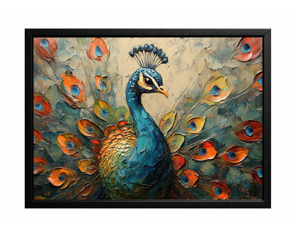 Textured peacock wall art with blue and teal plumage surrounded by orange feather details