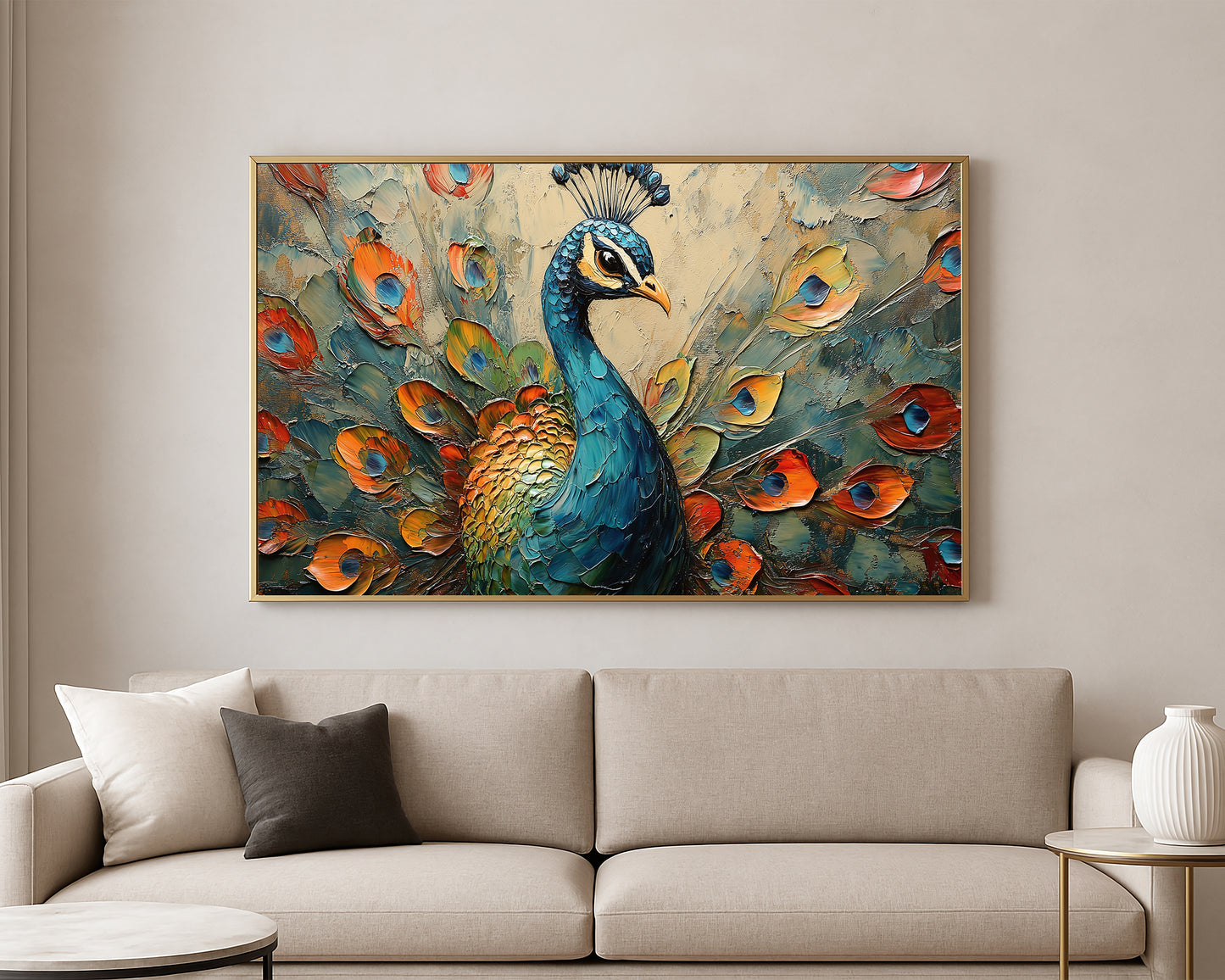 Modern peacock artwork featuring layered brushstrokes in blue, green, orange, and cream tones