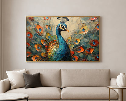 Modern peacock artwork featuring layered brushstrokes in blue, green, orange, and cream tones