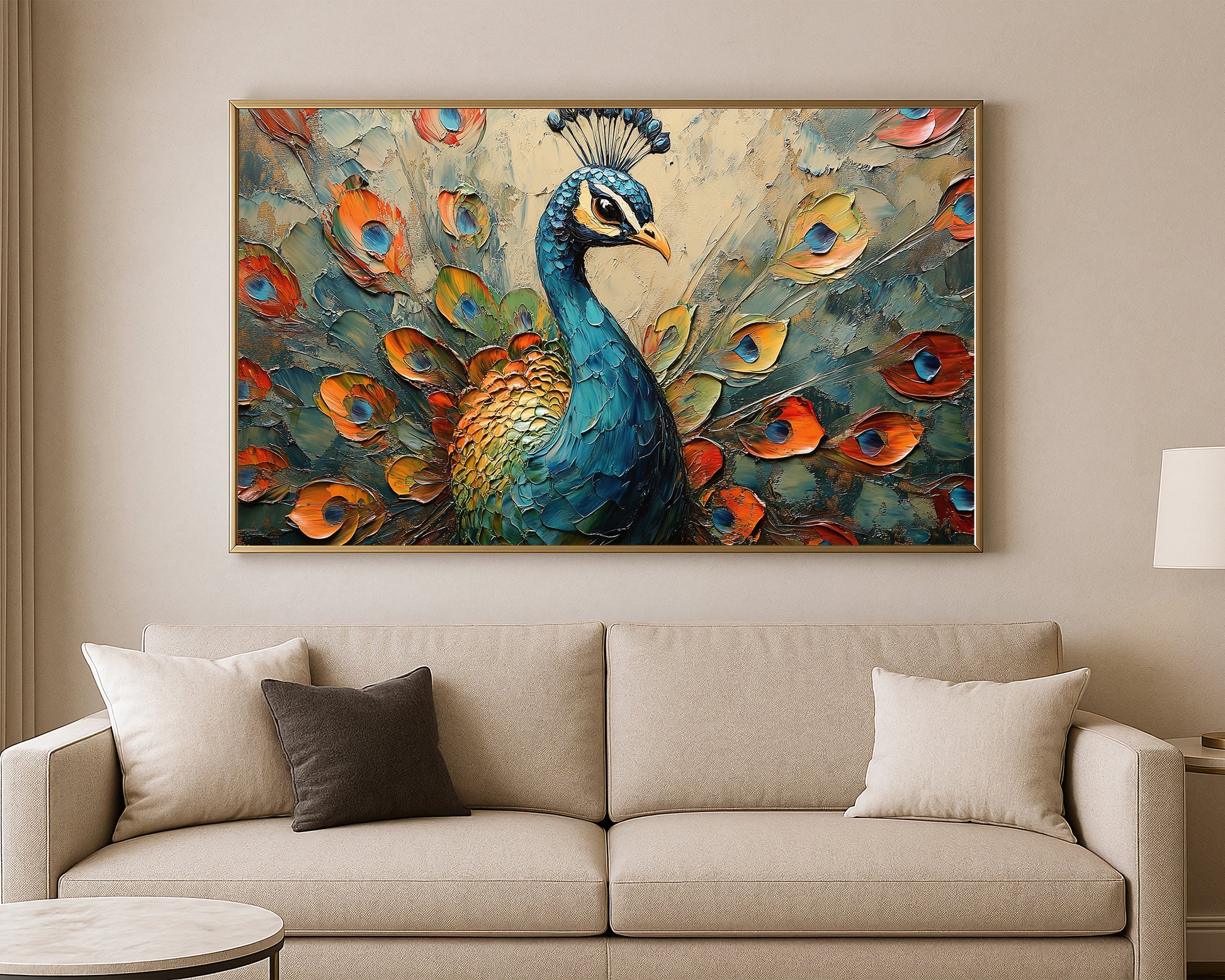 Colorful bird wall art with a front-facing peacock against a soft neutral textured background