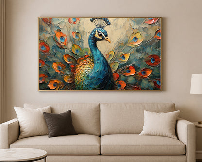 Colorful bird wall art with a front-facing peacock against a soft neutral textured background