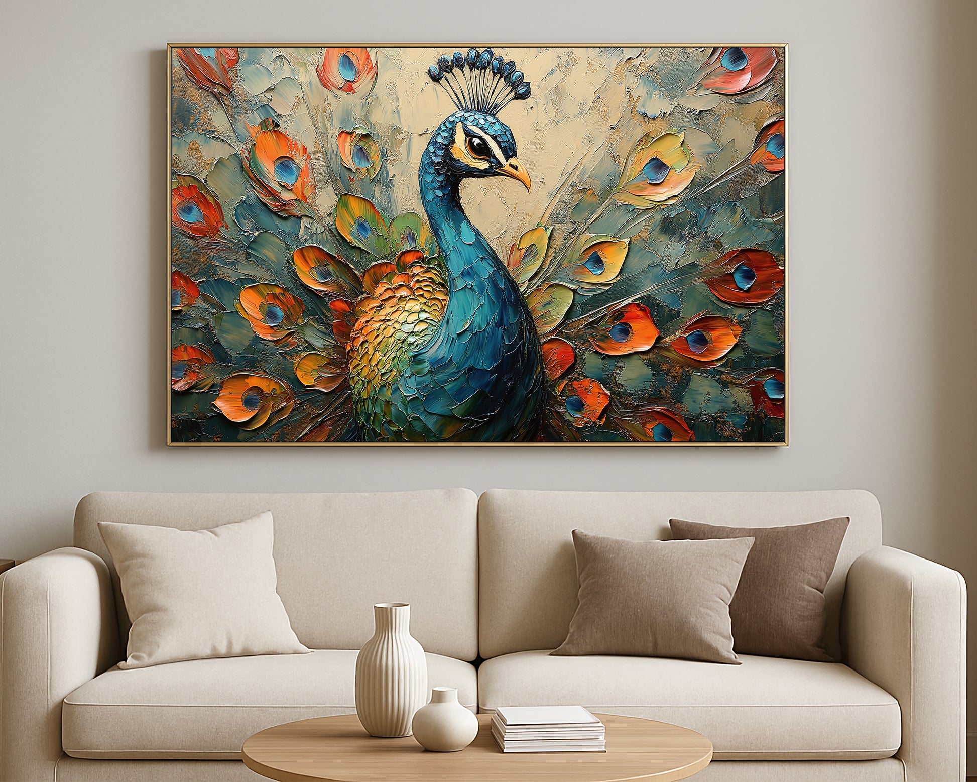 Elegant peacock print with expressive feather detail in teal, gold, orange, and deep blue