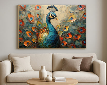 Elegant peacock print with expressive feather detail in teal, gold, orange, and deep blue