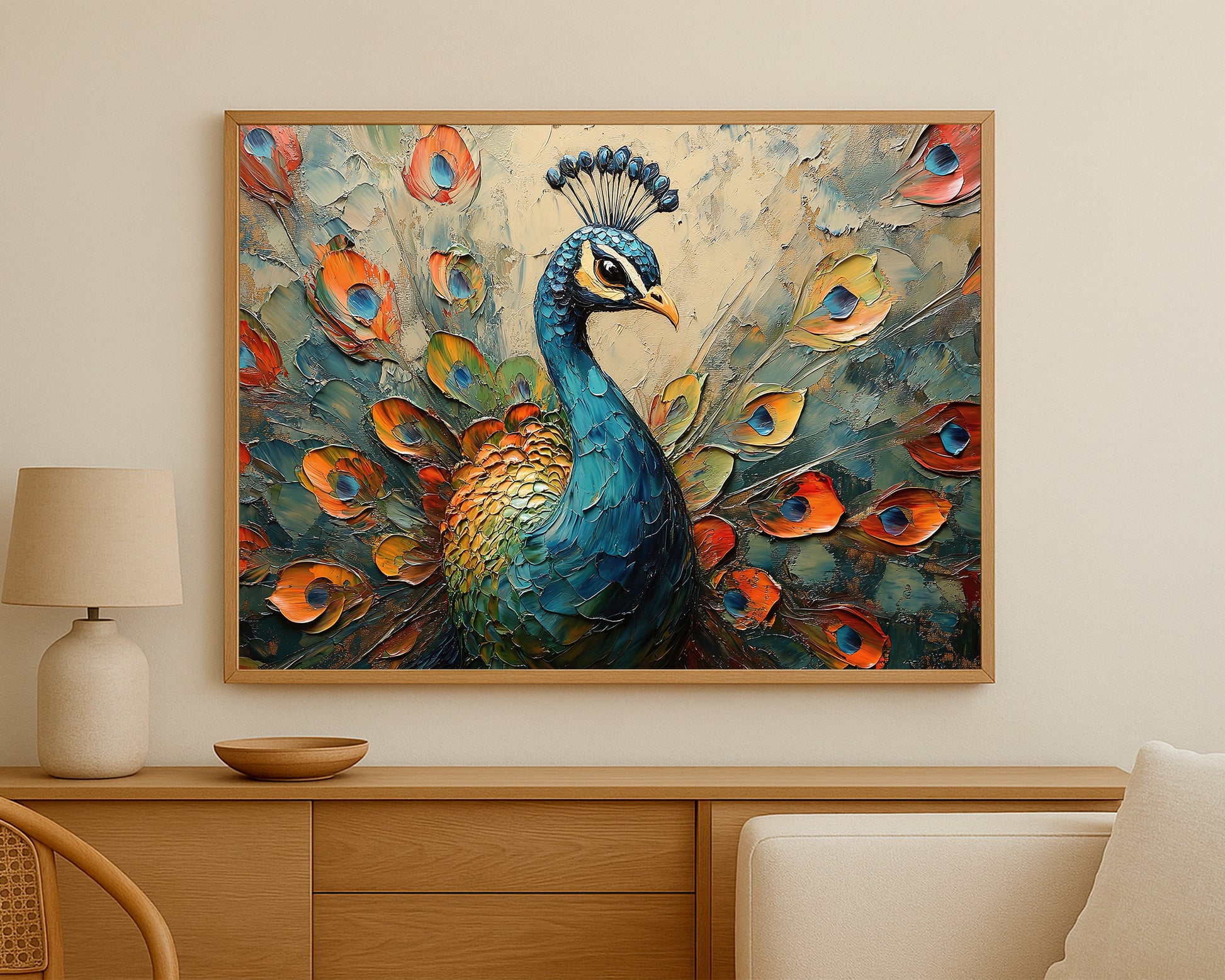 Nature-inspired peacock wall decor with rich palette knife texture and warm earthy colors