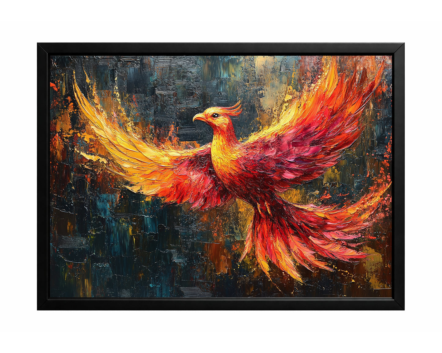 Glowing phoenix wall art with flowing orange and gold flames against a deep blue textured background