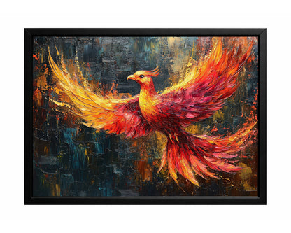 Glowing phoenix wall art with flowing orange and gold flames against a deep blue textured background