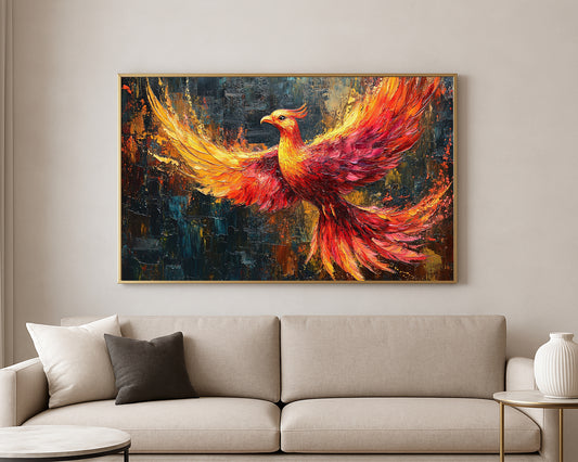 Fantasy fire bird artwork with luminous wings and swirling flame-like feathers in warm tones