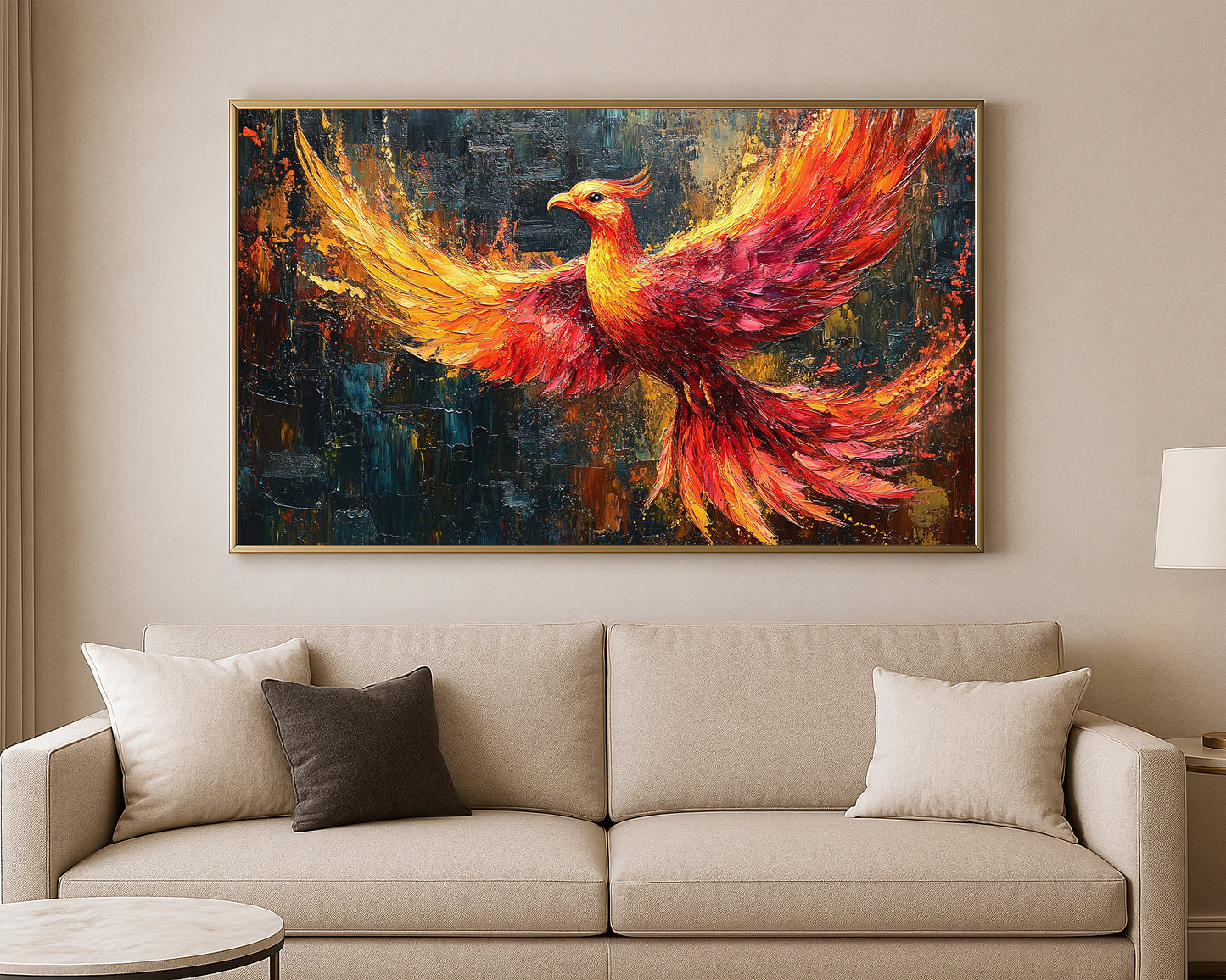 Dramatic phoenix print featuring bright orange, ivory, and gold plumage on a dark abstract backdrop