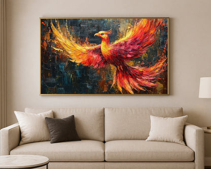 Dramatic phoenix print featuring bright orange, ivory, and gold plumage on a dark abstract backdrop
