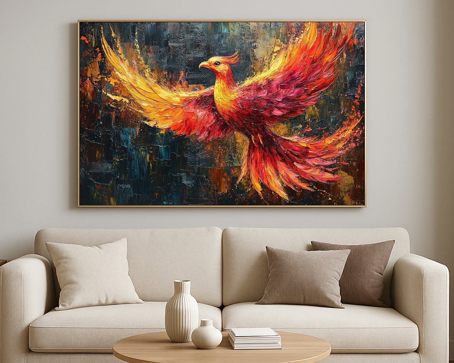Modern phoenix wall decor with expressive brushwork and a radiant bird in mid-flight