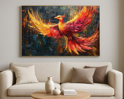 Modern phoenix wall decor with expressive brushwork and a radiant bird in mid-flight