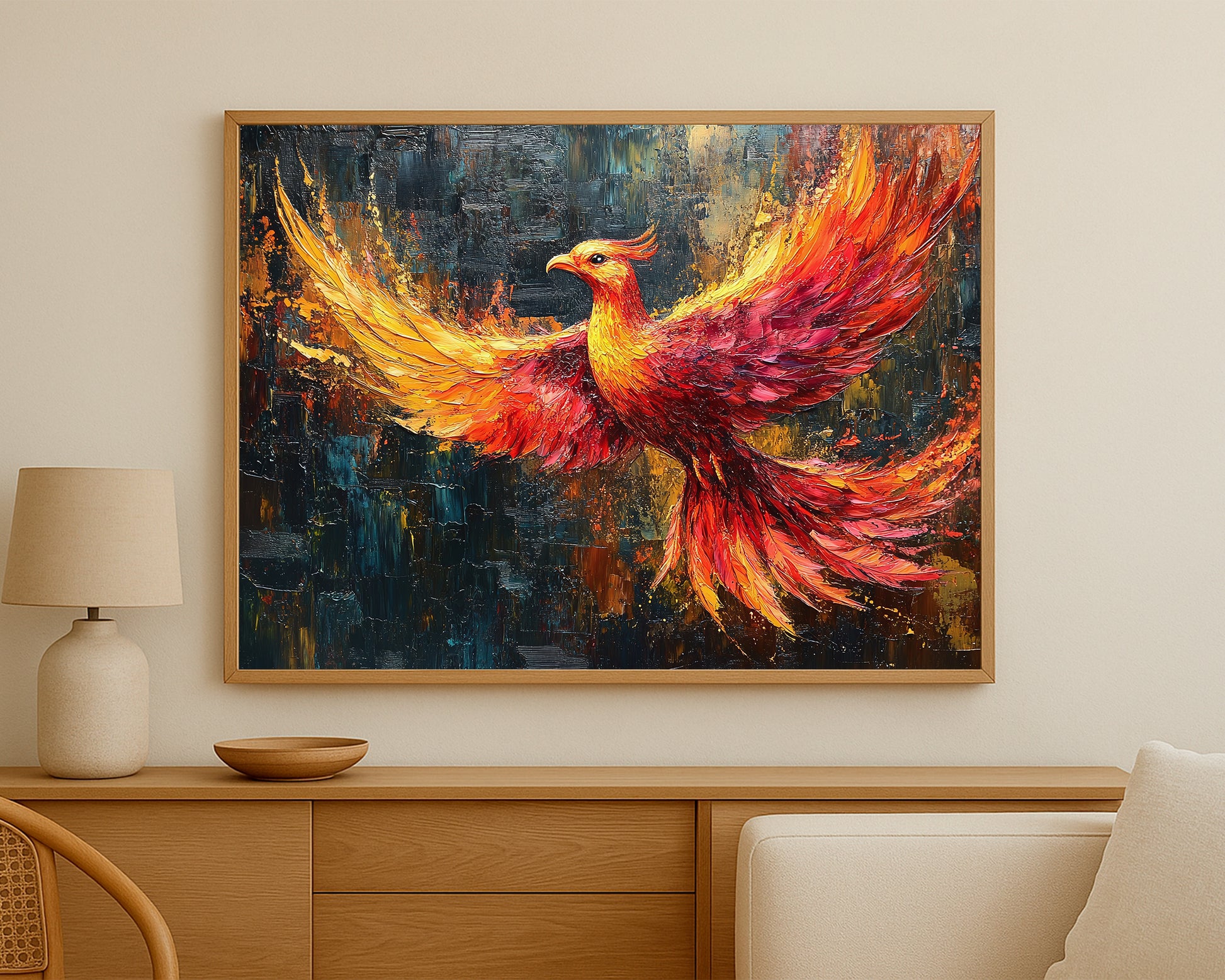 Textured fire bird artwork with fiery movement and rich contrast in orange, gold, and blue