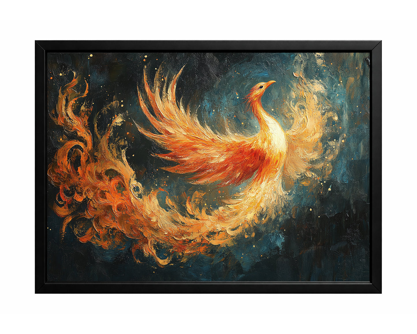 Fiery phoenix wall art with glowing red, orange, and gold wings against a dark textured background