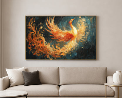 Dramatic bird artwork featuring a phoenix in flight with bold warm tones and expressive brushwork